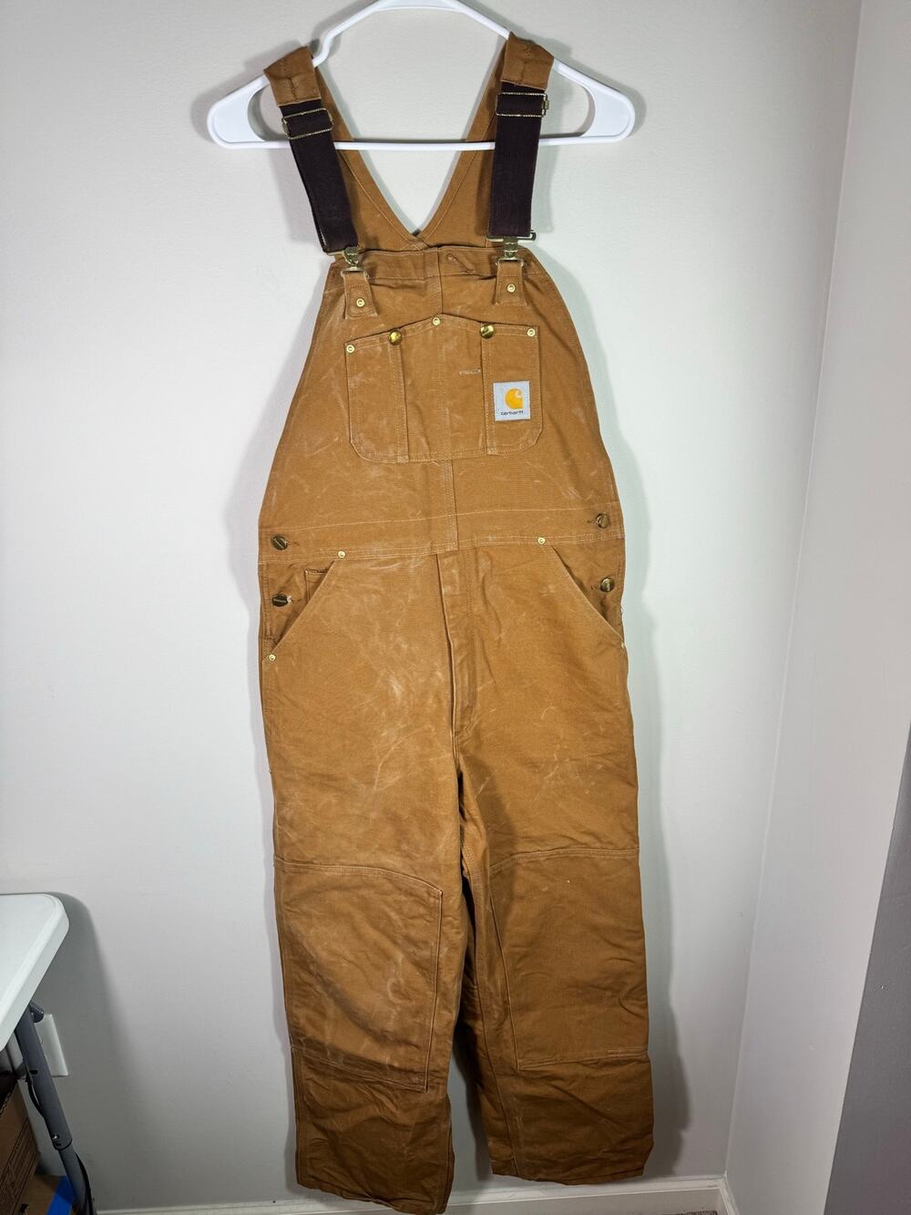 Vintage Carhartt Double Knee Bib Overalls Brown Duck Canvas 34 x 32
